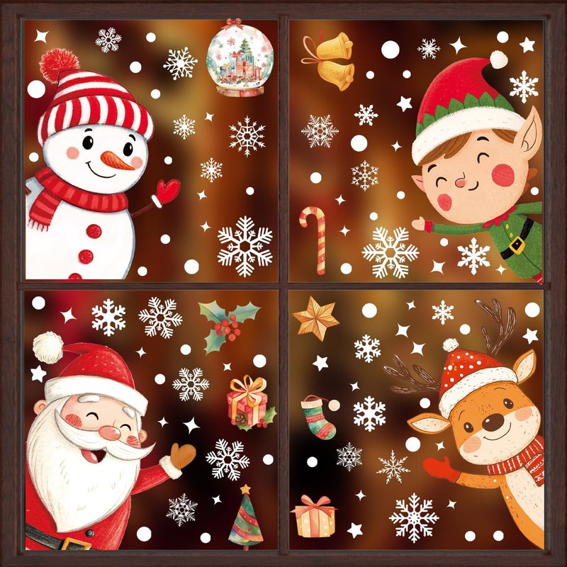 FCZon Star 102PCS Christmas Window Stickers for Glass Windows,Double Sided Snowflakes Xmas Window Clings,Reusable Static Santa Claus Reindeer Snowman Christmas Decals,Winter & Holiday Decorations - Image 1